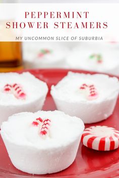 peppermint shower steamers on a red plate with white and red candy canes