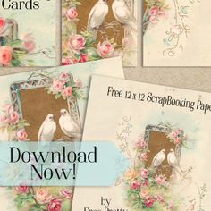 four cards with flowers and birds on them, one is for free 12x12 scrapbooking paper