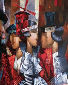 a painting of three women wearing hats and holding each other's heads in their hands