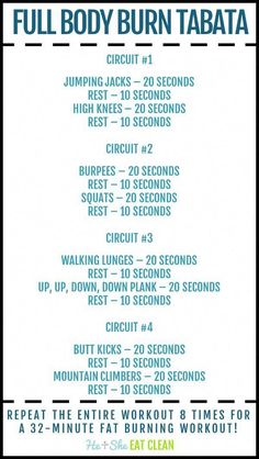 the full body burn tabata workout plan is shown in blue and white, with instructions for