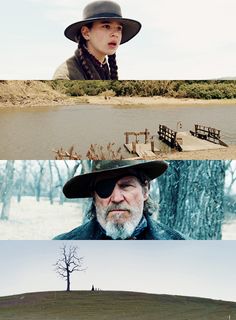 two different scenes with one man wearing a hat and the other woman in a coat