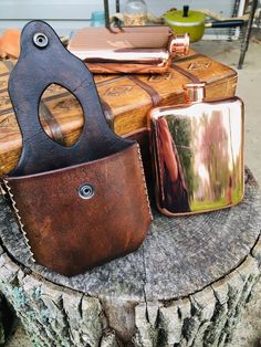 two flasks and a leather case sitting on top of a tree stump