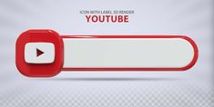 a red and white button with an arrow pointing to the youtube logo on it's side