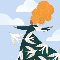 an illustration of a woman in a green dress with white birds flying over her head