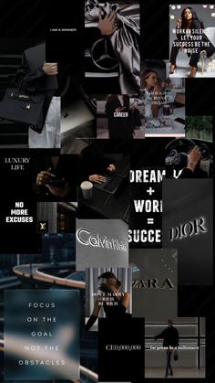 a collage of black and white images with the words dream, work, success