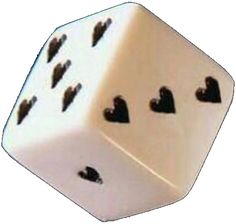 a white dice with black hearts on it