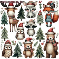 watercolor christmas woodland animals with hats and scarves on their heads, standing in front of fir trees