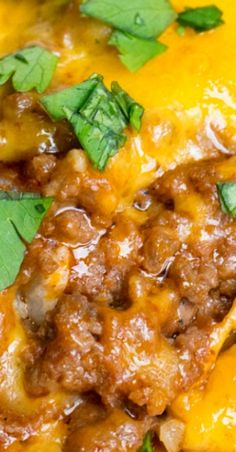 a close up of a plate of food with cheese and meat covered in cilantro