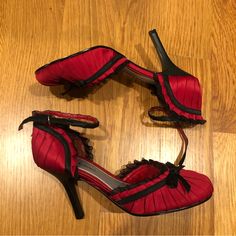 Super Cute Heels With A Pleat And Bow Design. Shoes Were Never Worn But Stored. There Is Minor Wear On The Straps. Heel Height 3.75” Please Ask All Questions Prior To Purchase For A Pleasant Transaction, Thanks! Vampire Heels, Red Vintage Heels, Black And Red Heels, Quince Heels, Goth Heels, Hill Aesthetic, Red Bridal Shoes, Red Kitten Heels, Y2k Heels