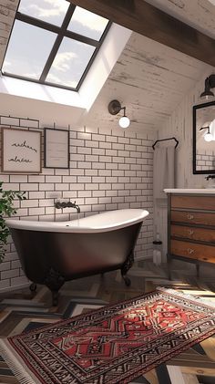 a bathroom with a rug, sink and bathtub