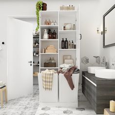 the bathroom is clean and ready to be used as a storage area for towels, soaps, and other personal care items