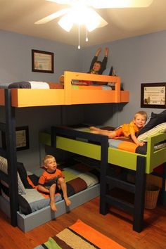 two children sitting on bunk beds in a room with hardwood floors and blue walls, while one child is laying on the bed