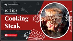 the words cooking steak are in front of an image of meat on a grill with tongs