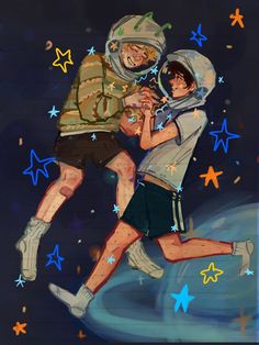 two people are running in the air with stars around them and one person is wearing an astronaut's helmet