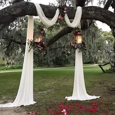 an outdoor wedding setup with white draping and red flowers on the ground under a large tree