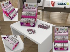 several images of the display for esko's new products, including boxes and magnets