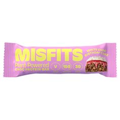 Misfits Plant-Powered Birthday Cake Protein Bar Sports Nutrition ASDA Low Calorie Sweet Snacks, Birthday Cake Protein Bars, Good Protein Snacks, Protein Filled Snacks, Birthday Cake Protein, Gluten Free Crisps, Gluten Free Popcorn, Gummy Sweets, Vegan Birthday