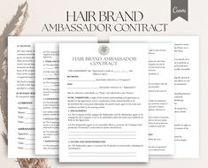 three hair salon contract forms on top of each other with the words, hair brand ambassador contact