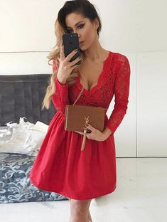 Sexy Red Lace V-neck Long Sleeve Homecoming Dress | Short Party Gown_2018 Homecoming Dresses_Special Occasion Dresses_Fashion Special Occasion Dresses & Wedding Dresses On Sale: Newarrivaldress.com Red Long Sleeve Mini Dress For Prom, Red Fitted A-line V-neck Dress, Red V-neck Midi Dress For Party, Red V-neck Party Dress, Red V-neck Dress For Party, Elegant Red A-line V-neck Party Dress, Red Short Homecoming Dresses, Long Sleeve Homecoming Dress, Homecoming Dress Short