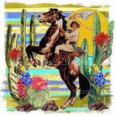 a painting of a man riding on the back of a horse next to cactuses