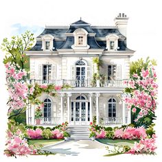 this is an artist's rendering of a house with pink flowers on the front