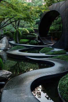 an outdoor garden with water, rocks and plants