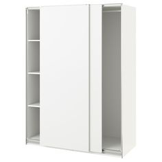 a white cabinet with two shelves and one door open to reveal the closet's contents