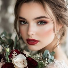 a beautiful woman with red lipstick and flowers in her hair is posing for the camera