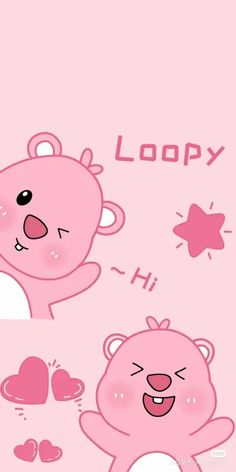 two pink teddy bears with hearts flying around them and the words loopy above them