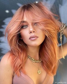 Bangs Aesthetic, Hair Curtain, Peach Hair Colors, Bangs Curtain, Cheap Human Hair Wigs, Layers Medium, Bangs Straight, Long Human Hair Wigs, Peach Hair