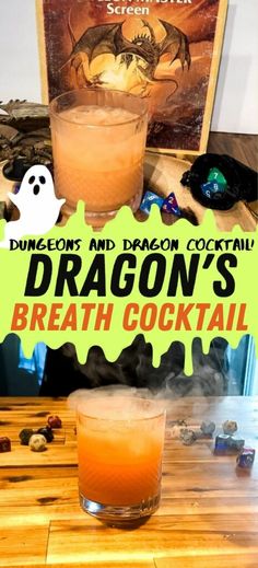 dragon's breath cocktail on a wooden table with ghost decorations and a halloween sign in the background