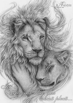 a drawing of two lions hugging each other