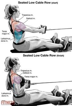 a woman is doing the seated low cable row with an exercise guide on her arm