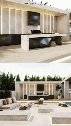 two photographs of an outdoor kitchen and living room