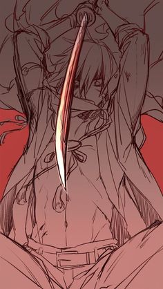 an anime character with long hair holding a knife