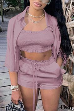 Fisdy - Elegante conjunto de tres piezas marrón claro: Básico casual de moda con cuello vuelto y medias mangas Red Rose Dress, Purple Fashion Casual, Purple Two Piece, Two Piece Short Set, Turndown Collar, Orange Fashion, Yellow Fashion, Casual Sets, Brown Fashion