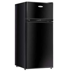 a black refrigerator freezer sitting on top of a white wall