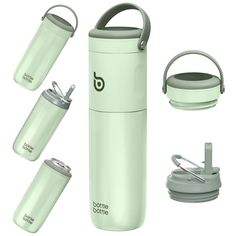 thermos bottles and cups are shown in this image, including one with an insulated lid