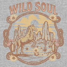 If you're looking for the hottest new trends, you're in the right place! Take your everyday style to the next level with this lovely new Juniors' Plus Wild Soul T-shirt from Lost Gods! This tee features a retro-inspired design of a horse in a desert with a lasso rope frame and the words: "Wild soul," across the front. Make everything from workouts to running errands, or even just lounging around the house a little extra chic! There’s no end to the awesomeness you’ll find when you shop apparel by Pony Ideas, Cowboy Valentines, Lasso Rope, Rope Frame, Western Apparel, Womens Hats, Sleeve Packaging