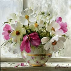 a painting of white and pink flowers in a vase