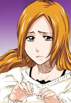 an anime character with long red hair and brown eyes, wearing a white shirt is looking at the camera