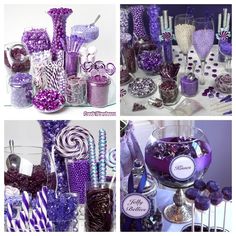 purple and white candies are displayed in glass vases