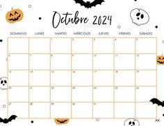 a calendar with pumpkins and bats on it