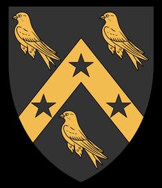 the coat of arms with three stars and two birds on each side, in black and yellow