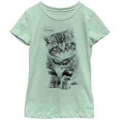 Release your inner fierce feline with the Lost Gods Cat Roar Mint Green T-Shirt! A black print on the front of this cute mint green cat shirt features an adorable kitten with a speech bubble that reads "Roar." Size: S.  Gender: female.  Age Group: kids.  Pattern: graphic. Gods Girl, Adorable Kitten, Green Tshirt, Slim Fit Shorts, Cat Shirts, Black Print, Graphic Shirts, Girls Shopping, Feline