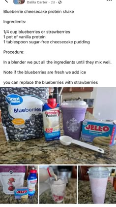 the recipe for blueberry cheesecake protein shake is shown