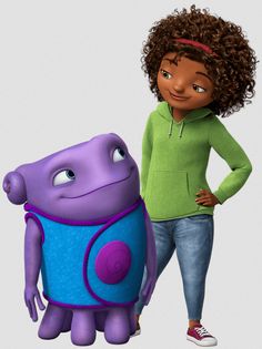 an animated character is standing next to a purple and blue creature, with one hand on the