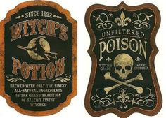 two signs that say witch's potron and one has a skull on it