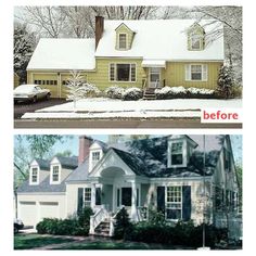 before and after photos of a house with snow on the roof