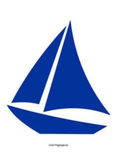 a blue sailboat with white sails floating on the water, in front of a white background